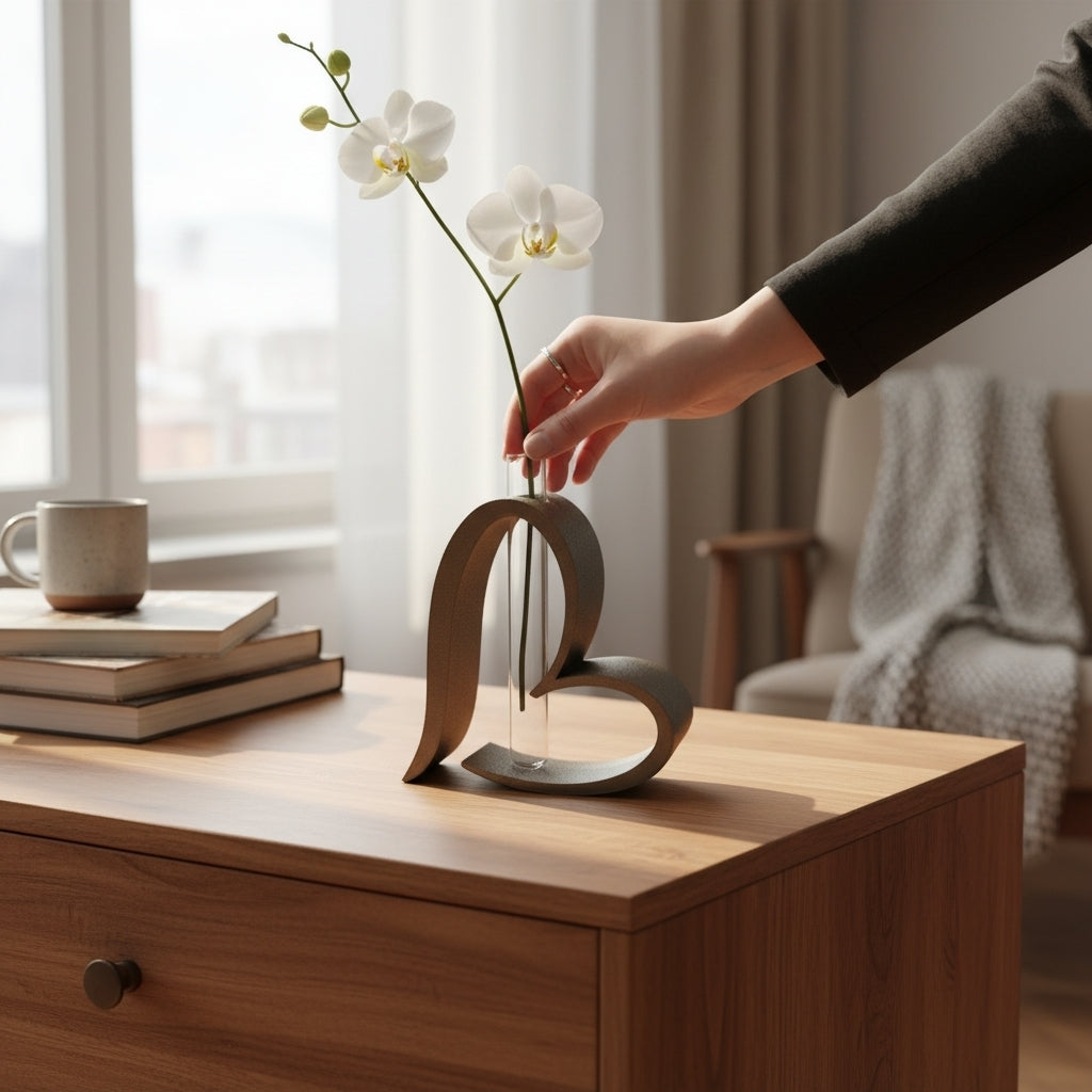 Hjerteformet vase i nordisk design med hvid orkidé placeret på træbord i lyst, minimalistisk hjem