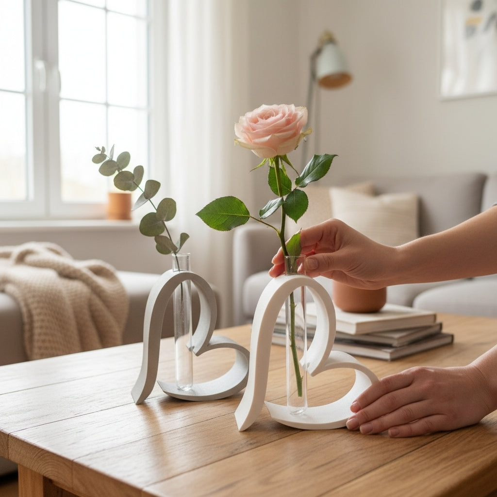 To hjerteformede vaser i nordisk design med rose og grøn gren i stue med blødt lys og rolige farver