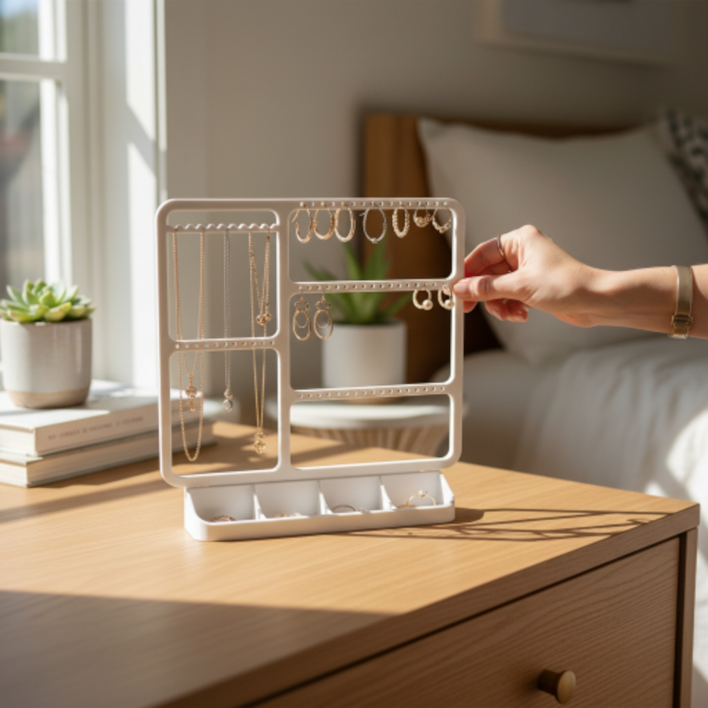 Smykkestativ med smykker på natbord i sollys