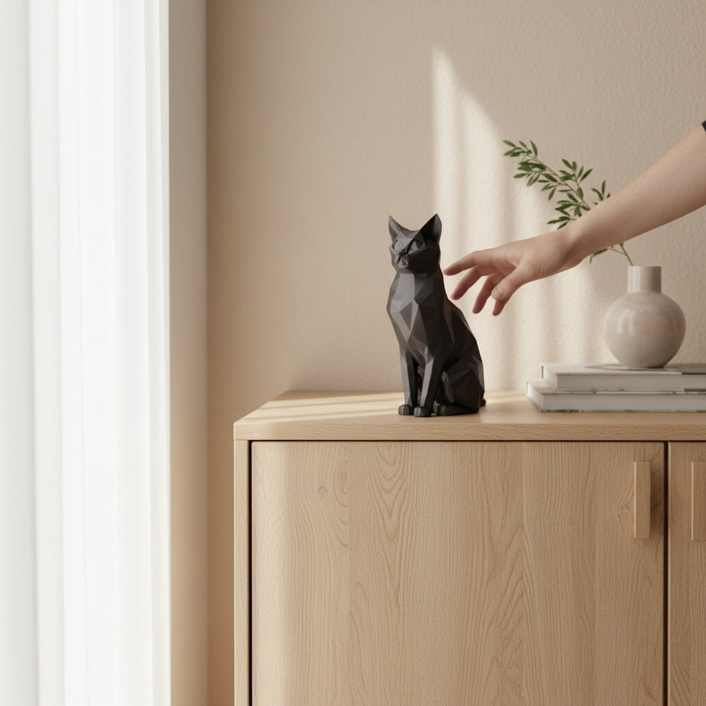 Geometrisk Low Poly kat skulptur på skænk med blødt dagslys