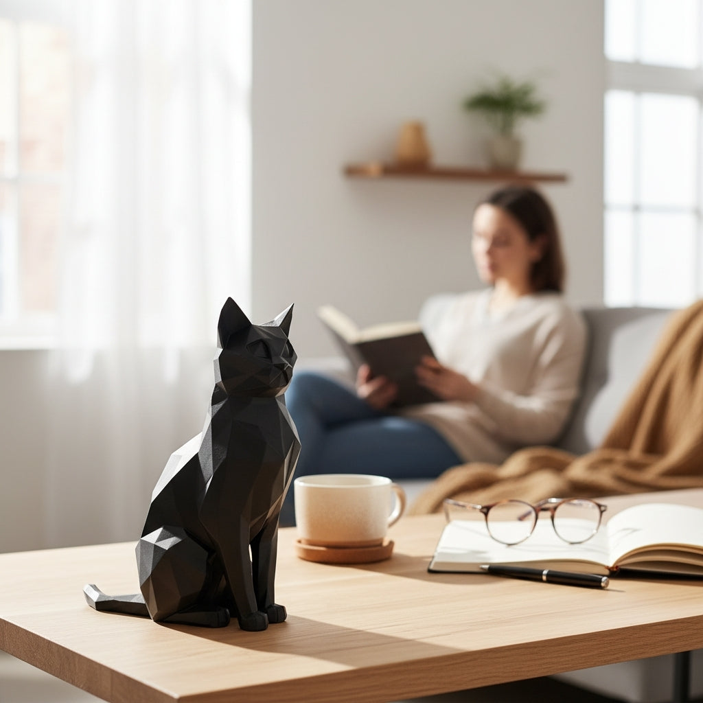 Low Poly kat skulptur som moderne boligdekoration i stue miljø