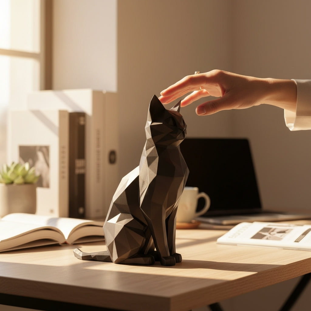 Low Poly kat skulptur i sort placeret på skrivebord i nordisk indretning