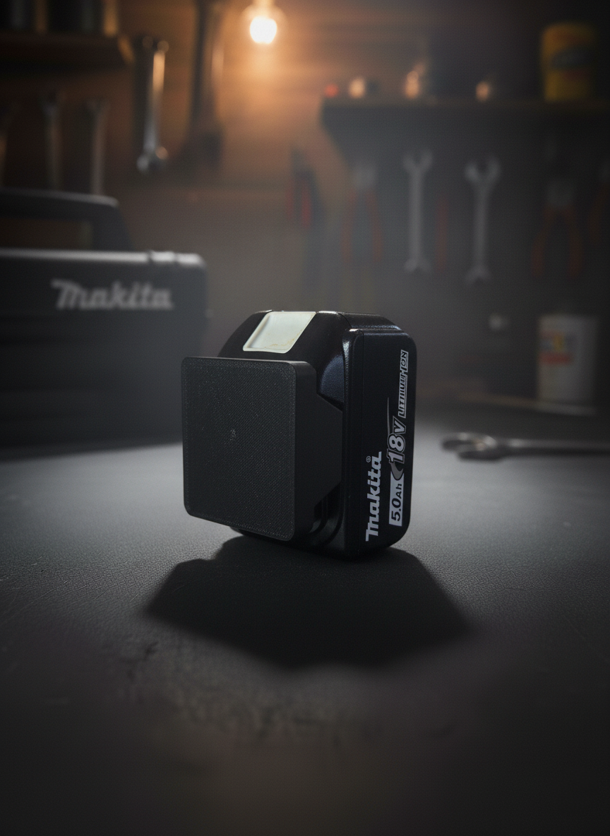 Makita 18V batteri monteret i sort 3D printet batteriholder på værkstedsbord