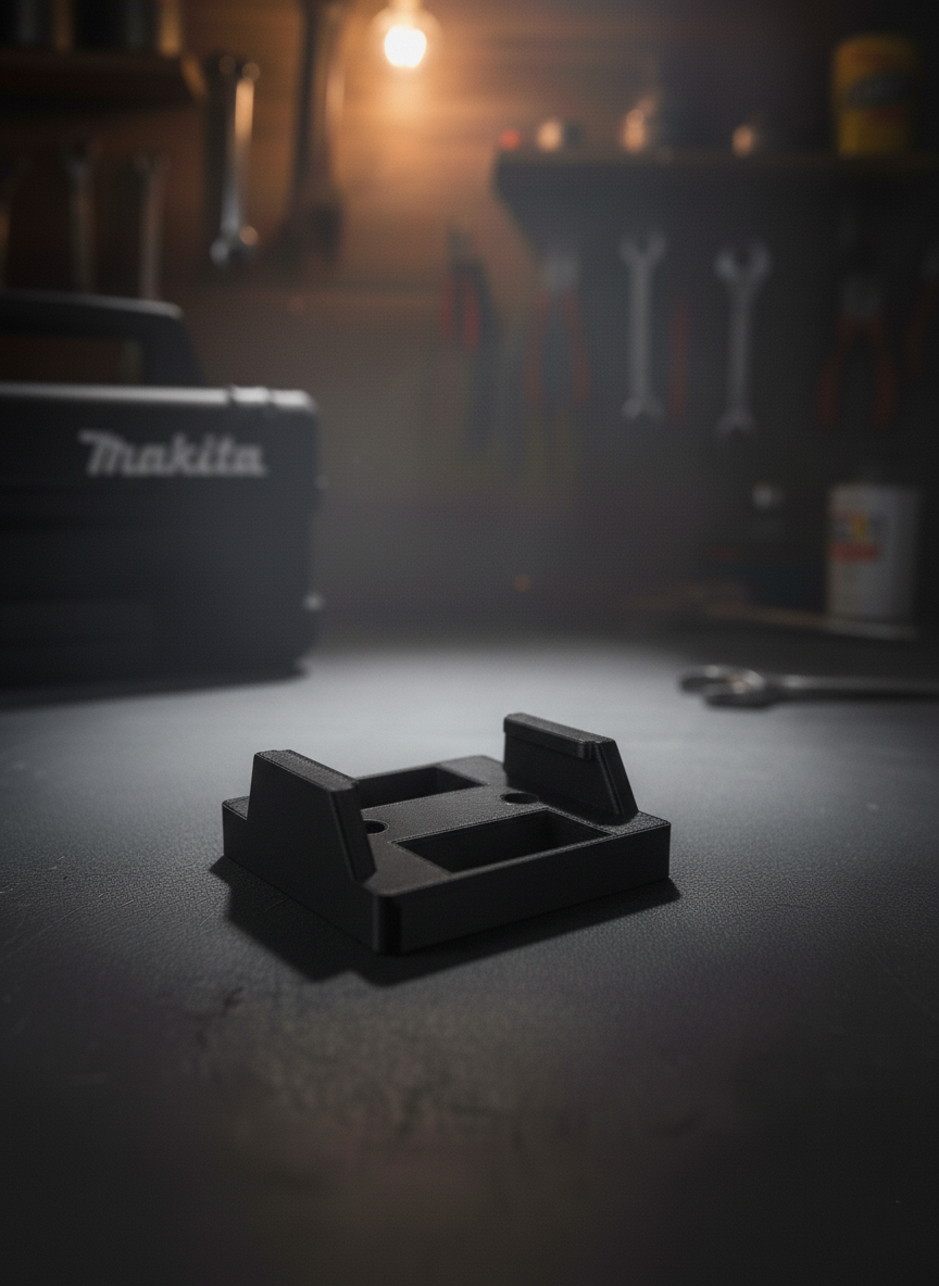 Tom Makita 18V batteriholder i sort 3D printet plast set fra siden