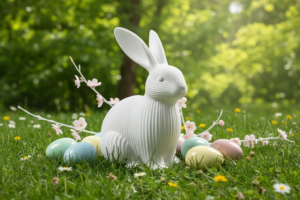 Hvid 3D printet påskehare med riller placeret i græsset omgivet af påskeæg og blomster.