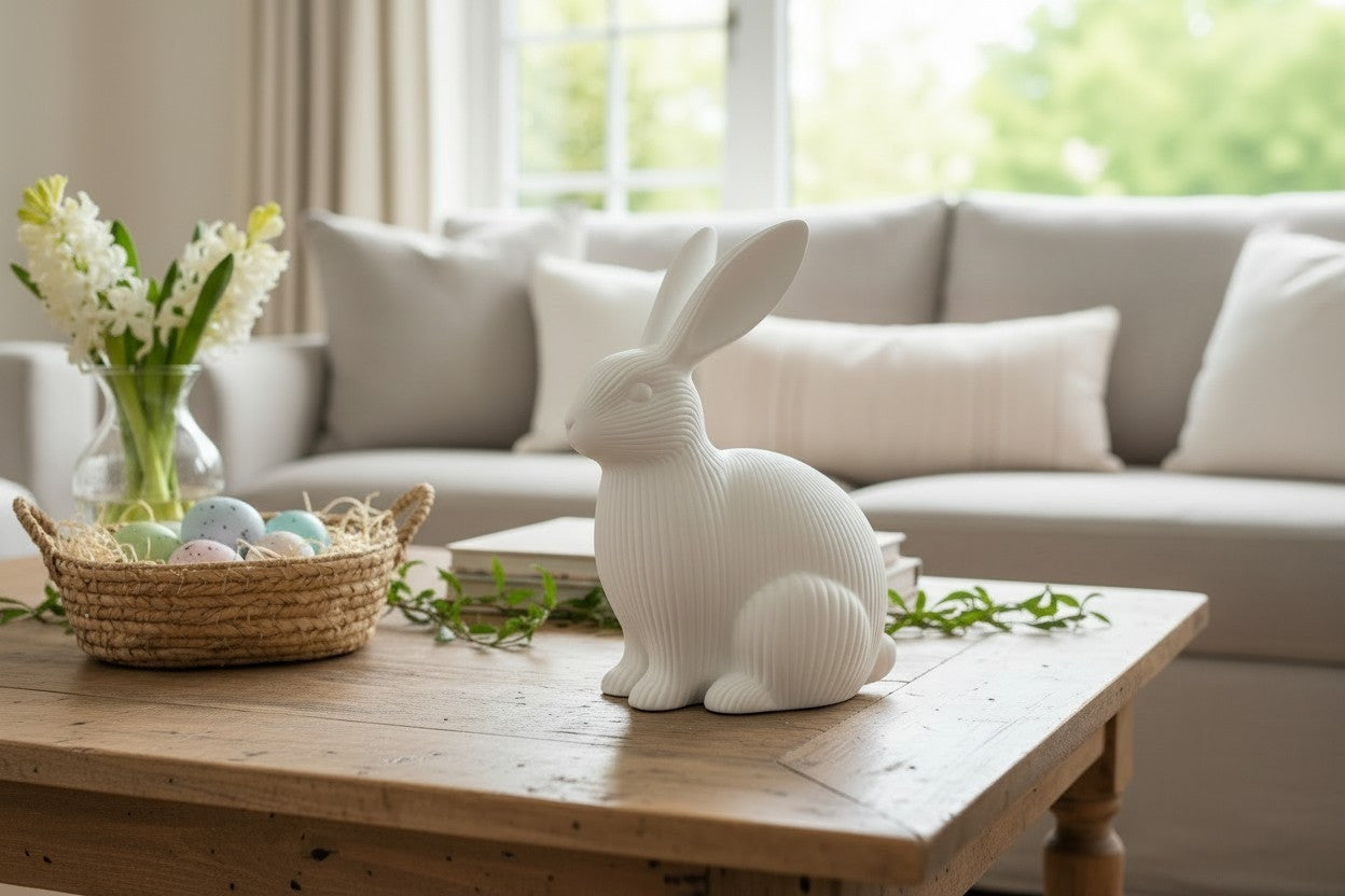 Minimalistisk påskehare i hvid på et sofabord i en lys nordisk stue.
