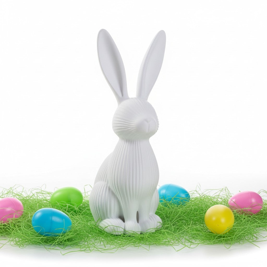 Påskehare i ribbet design omgivet af farverige påskeæg på grønt underlag