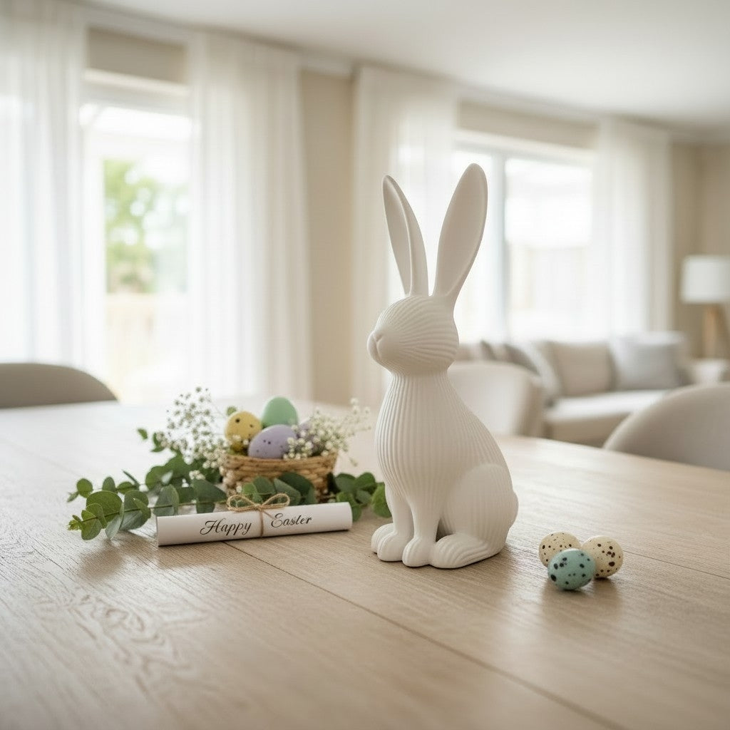 Minimalistisk 3D printet påskehare med ribbet struktur i lys stue