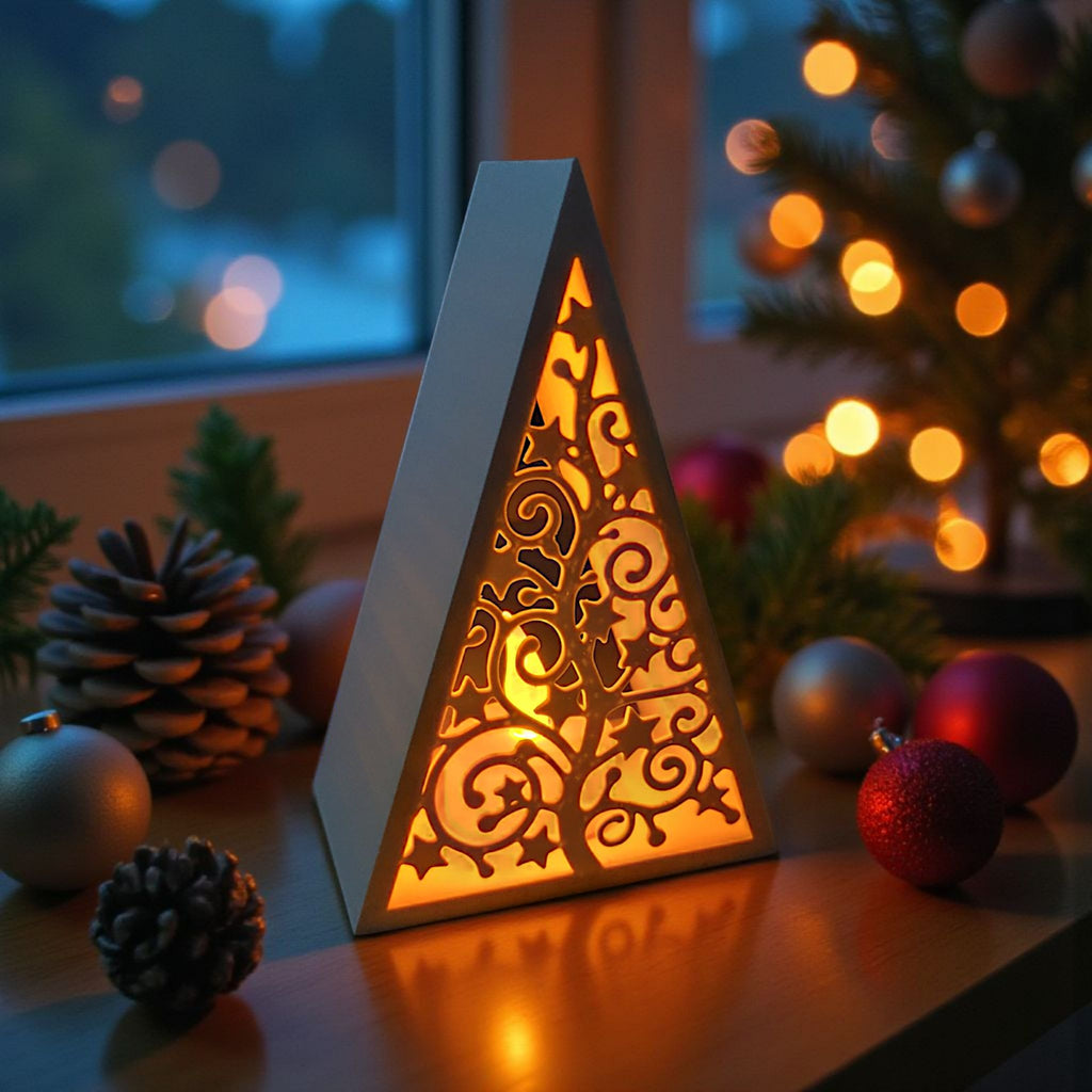 Juletræs-lyshus i mørke, oplyst ved et vindue med et bokeh-sløret juletræ i baggrunden, omgivet af julekugler, grangrene og kogler.